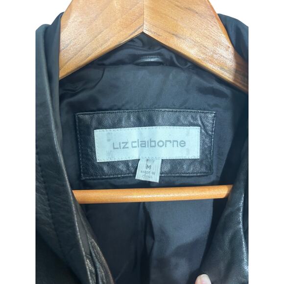 Liz Claiborne Black Leather Hooded Jacket M - Soft Zip-Up Coat - Picture 3 of 4